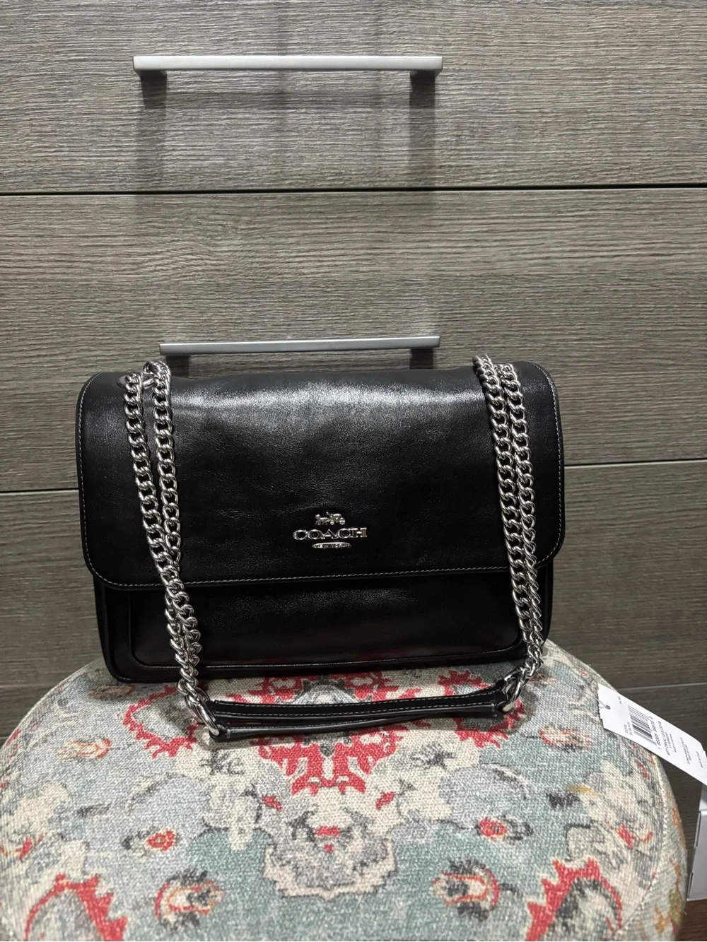 NWT Coach Black Leather Crossbody with Silver Chain Strap